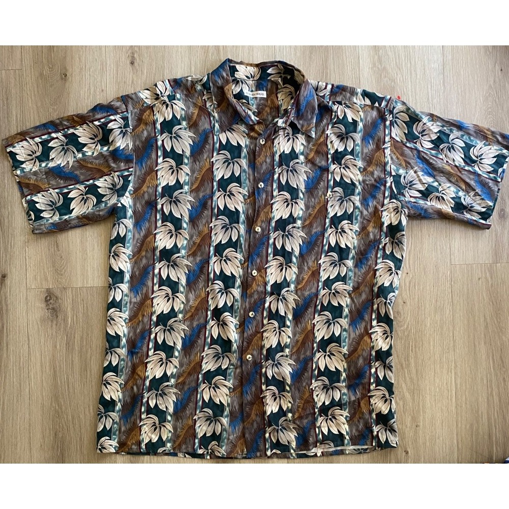 Burma Bibas Mens Hawaiian Shirt Tropical Leaf Floral Silk Button Up XL